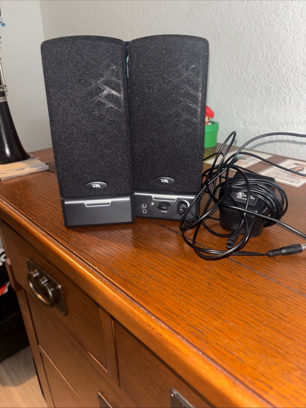 Compact Black Computer Speakers with Wired Power Adapter